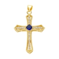 Golden cross pendant featuring a blue sapphire-tone center gem and zircon accents - Pendant 46 (Gold Blue Sapphire Edge Cross)