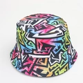 Detail of retro graffiti print on double-sided bucket hat with vibrant 90s pattern - One Size (58cm) / Colorful Abstract Geometric B