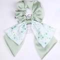 Floral bow scrunchie with light green satin texture and double layered ribbon design - Single Ribbon / Green