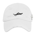 Close-up of Asher embroidery, distressed holes and silver metal rings on white baseball cap - Adjustable / White