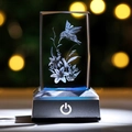 3D laser crystal hummingbird lamp with glowing base and detailed floral inner carving - Hummingbird and Flower / 5x5x8CM