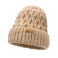 Men's winter cable knit beanie with warm fleece lining in khaki beige with leather patch - Khaki