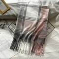 Winter plaid scarf in grey, white, and pink cashmere-like fabric with fringe - Pink Grey White