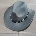 Detailed top view of grey felt jazz hat with black leather strap and silver metal studs - Metal Buckle Style / Gray