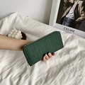 Dark green long zip-around wallet with wood grain texture and gold metal zipper hardware - Green