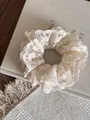 Elegant cream white vintage embroidered lace hair scrunchie with delicate floral texture - Beige Double Layer Lace Scrunchie