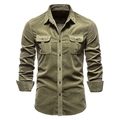 Detailed texture of green corduroy fabric on a slim fit men's shirt with chest pockets - S / Tops / Army Green