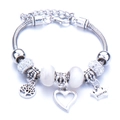 Silver charm bracelet with Princess crown, Life Tree pendants and white opal beads - White