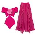 Rose pink cut-out swimsuit and tiered chiffon maxi skirt set with 3D floral accent - S / Two-Piece Set