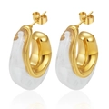 Elegant gold stainless steel and white marbled resin chunky hoop earrings for women daily wear - White