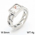 Vintage silver titanium steel ring with rectangular zircon and hollow chain band, 8mm width - Steel White
