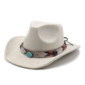 Chapeau de cowboy beige en daim à large bord avec ruban tissé au style ethnique - Suédine Beige