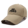 Khaki baseball cap with PRAIS embroidery and black SPORT brim detail on white background - Adjustable / Khaki