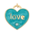Golden heart pendant with teal enamel and engraved love text and small zircon stone - Lake Blue-Heart Love