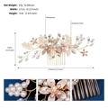 Detailed view of bridal hair comb featuring pearls and rhinestones with size dimensions - HS-J6831G / Gold