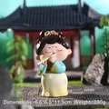 Blue and yellow Chinese maiden figurine playing flute, 11.5cm resin ornament - Large Flute (D1213-6)
