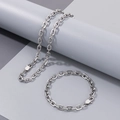 Close-up of minimalist silver stainless steel chain link necklace and bracelet set - Silver Bracelet / 22cm(15g)