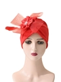 Vibrant red women turban hat featuring mesh veil and feathers on mannequin head - One Size / Pleated Flower Feather Style / Red