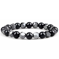 Braided bracelet featuring polished black round beads and faceted grey hematite stones - Black Agate (Style 2) & Hematite