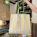 Striped canvas tote bag in blue and yellow with green handles and woven label - Yellow Stripe