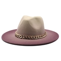 Two-tone beige and burgundy wool felt jazz fedora hat with a bold gold chain band - 58cm One Size / Purple