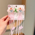Girl's Hanfu hair clip set with pink flowers and long ribbon tassels in blue and pink - 34# Triple Pink Flower Long Ribbon