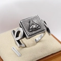 Retro stainless steel Masonic All-Seeing Eye pyramid ring for men with ankh details - US 7 / Steel