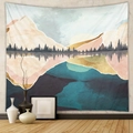 Abstract mountain landscape tapestry with blue and pink tones on a textured grey wall - Abstract Landscape Forest and Lake (GT428-31)