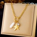 Detail of gold starfish pendant with baroque pearl and teardrop gem on cuban chain - Starfish Pearl Teardrop Gem Style (N3229)