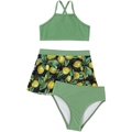 Girl's sage green 3-piece swimsuit featuring lemon print mesh skirt and high waist bikini - 152 / Lemon Green Split