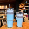 Light blue 30oz and 20oz stainless steel vacuum insulated travel mugs with straws - 20oz/600ml / Screw Lid Straw Style / Blue