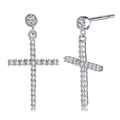 Vertikale S925 Sterlingsilber Kreuzohrringe mit funkelnden weißen Zirkonia Steinen - Silberne Kreuz-Strass-Ohrringe (SE37)