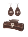 Southwest style hair claw and teardrop earring set with cow skull pattern - Brown Bull Skull Earring Set (90284)