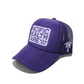 Detail view of purple trucker hat with coconut tree embroidery and mesh back - Purple