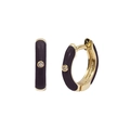 Macro shot of gold C-shaped huggie earrings with purple enamel and center crystal inlay - 24K / Black Enamel Small Hoop (JQH0020-GG-2)