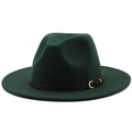Classic dark green wool fedora hat with black leather band and gold metal buckle detail - M (56-58cm) / Dark Green