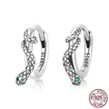 S925 sterling silver snake hoop earrings with green zircon eyes and vintage finish - 925 Silver / Snake Ear Buckle - Silver With Green Eyes