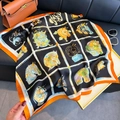 Square silk scarf featuring classic orange and black horse art print and satin finish - 91 Square Scarves / 65