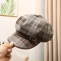 Brown plaid newsboy cap with a leather brim and a metal LOVE buckle in a warm indoor setting - M (56.5-58.5cm) / Brown (Butterfly Buckle)