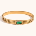 Gold-plated stainless steel chain bracelet featuring a green rectangular gemstone charm - Hollow Line Rectangular Green Zirconia Clasp Bangle - Gold