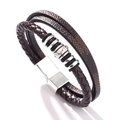 Multi-layer brown braided leather bracelet with silver magnetic buckle and metal beads - 19cm / Steel Coffee Leather