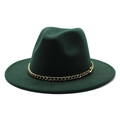 Detail of dark green wide brim fedora with decorative gold metal chain link - M (56-58cm) / Dark Green