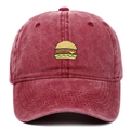 Vintage washed burgundy cotton baseball cap with embroidered burger design for street style - Adjustable / Burgundy
