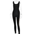 Tuta aderente nera senza maniche con strisce laterali beige su manichino femminile - S / Nero