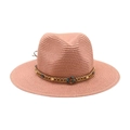Chapeau panama rose en paille bohème avec bande décorative de perles turquoise - Rose racine de lotus