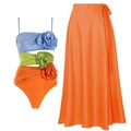Detailed look at tricolor cutout swimsuit with 3D rosettes and satin wrap skirt - S / Color-Block Set