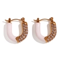 Gold U-shaped hoop earrings featuring white enamel inlay and sparkling zircon stones - Gold White