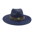 Dark blue felt fedora hat featuring an ornate ethnic woven band and turquoise stone accent - One Size / Navy Blue