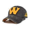Macro detail of dark grey distressed cotton baseball cap with yellow letter patch - M (56-58cm) / Washed Black