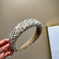 Detail of beige and gold tweed headband with sparkling sequins and premium velvet lining - Padded Headband / 3CM Wide / Beige + Overlapping Sequins